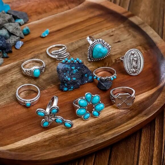 NEW 10pcs Boho Western Stacking Rings – Vintage Cross, Heart, & Floral Set - Picture 2 of 4